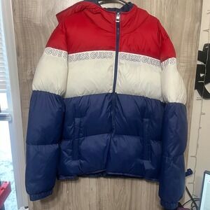 Guess Mens Colorblock Puffer Coat Men's XL Hood Red White Blue